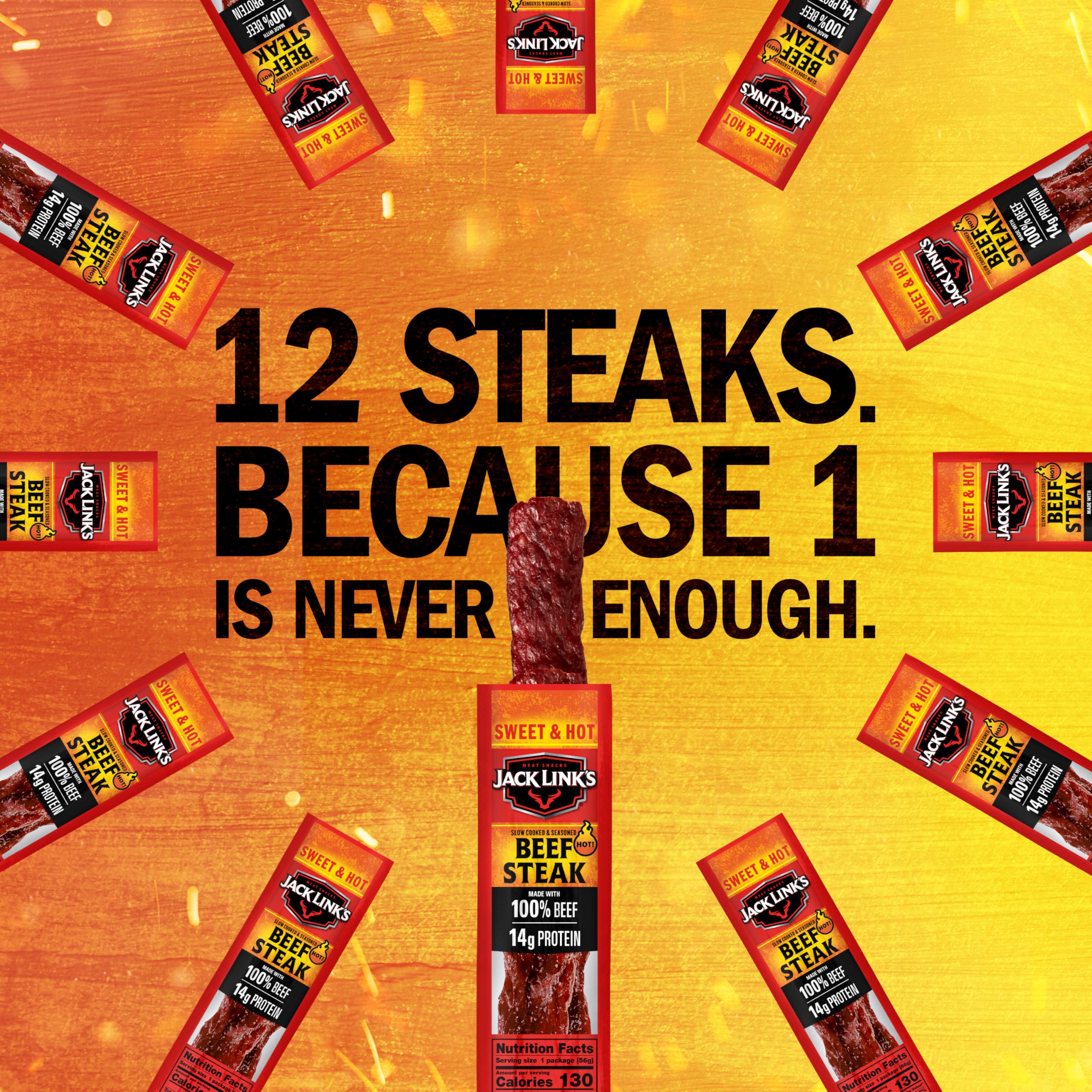 Jack Link's individually wrapped beef steaks for portable snacking.