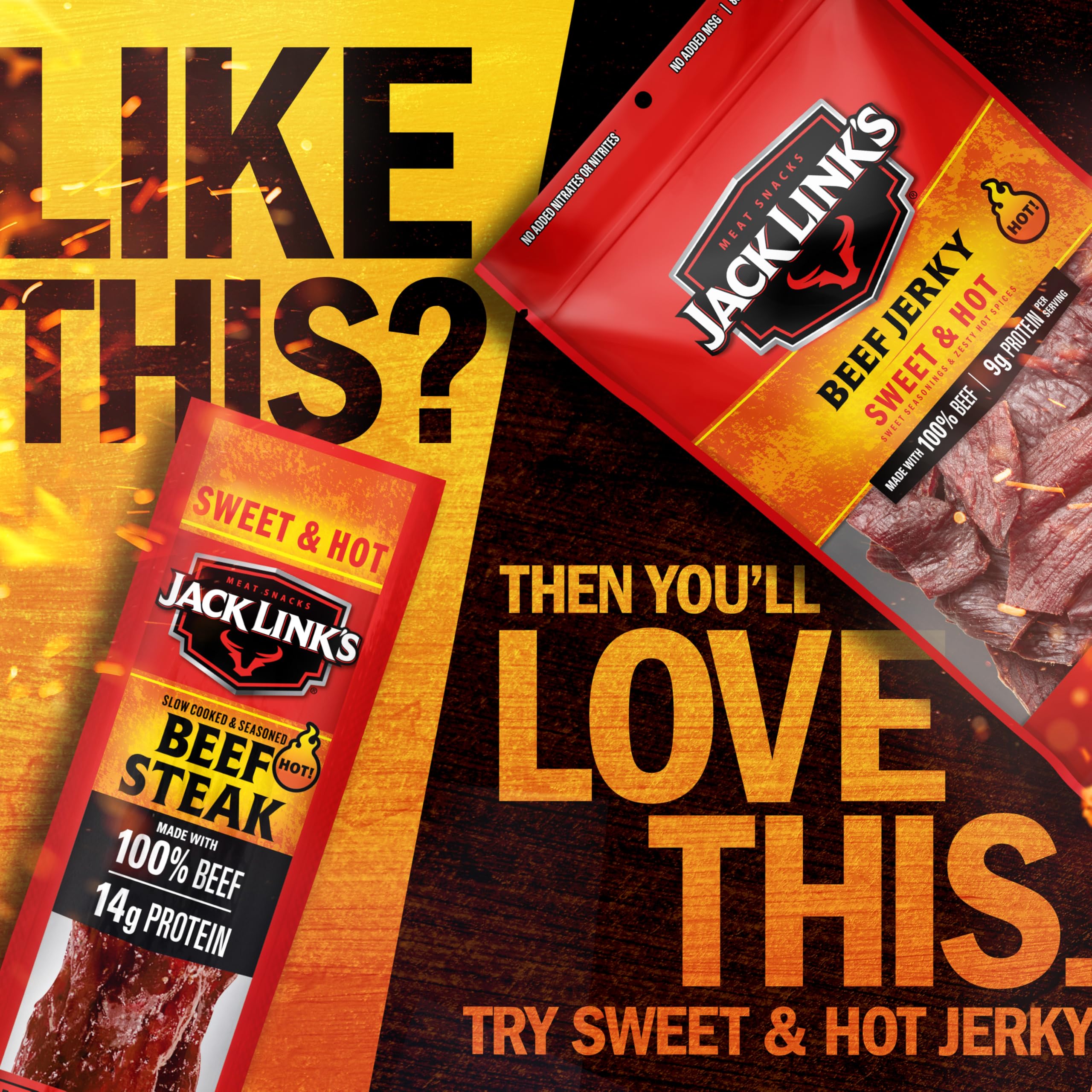 Jack Link's Sweet & Hot beef steaks, lunchbox ready protein snack.
