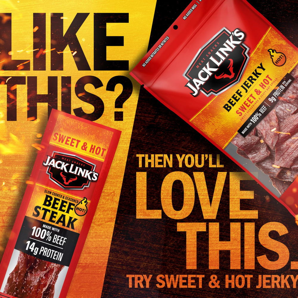 Jack Link's Sweet & Hot beef steaks, lunchbox ready protein snack.