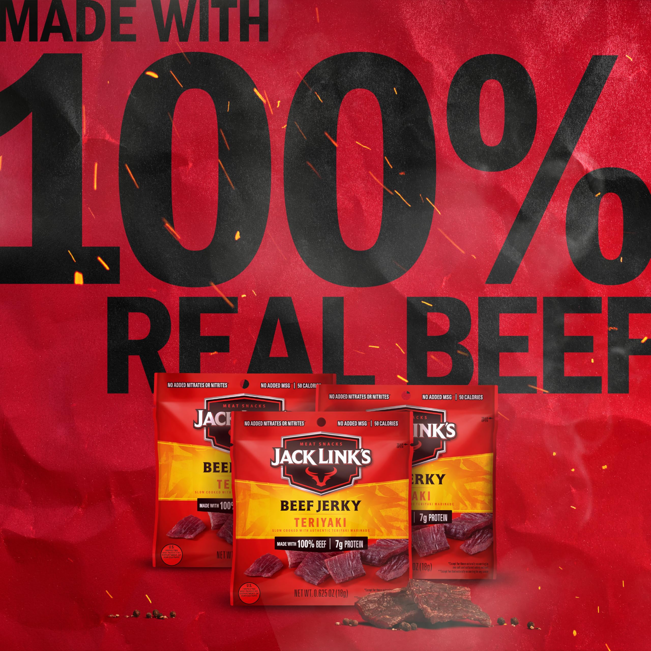 Jack Link's Jerky ingredients panel showing 100% beef and teriyaki marinade for protein-packed snacking.