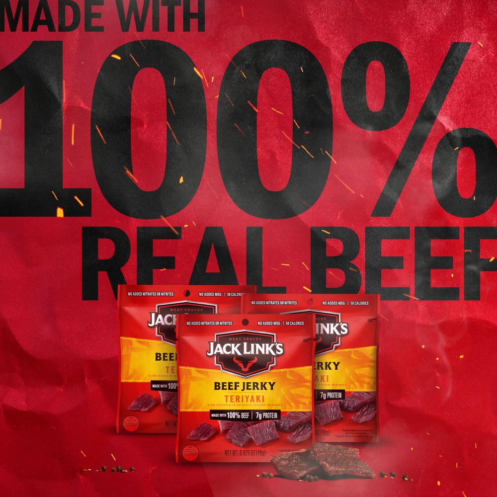 Jack Link's Jerky ingredients panel showing 100% beef and teriyaki marinade for protein-packed snacking.