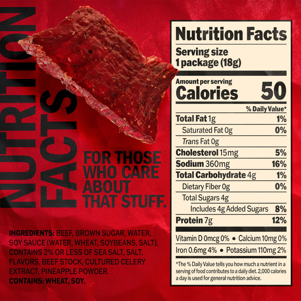 Jack Link's Teriyaki Beef Jerky multipack back view with nutrition and serving size information.