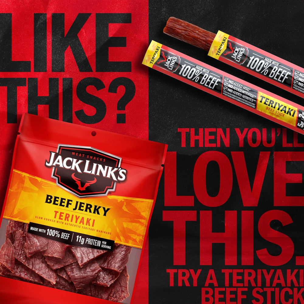 Ready-to-eat Jack Link's Teriyaki Beef Jerky, no refrigeration needed.