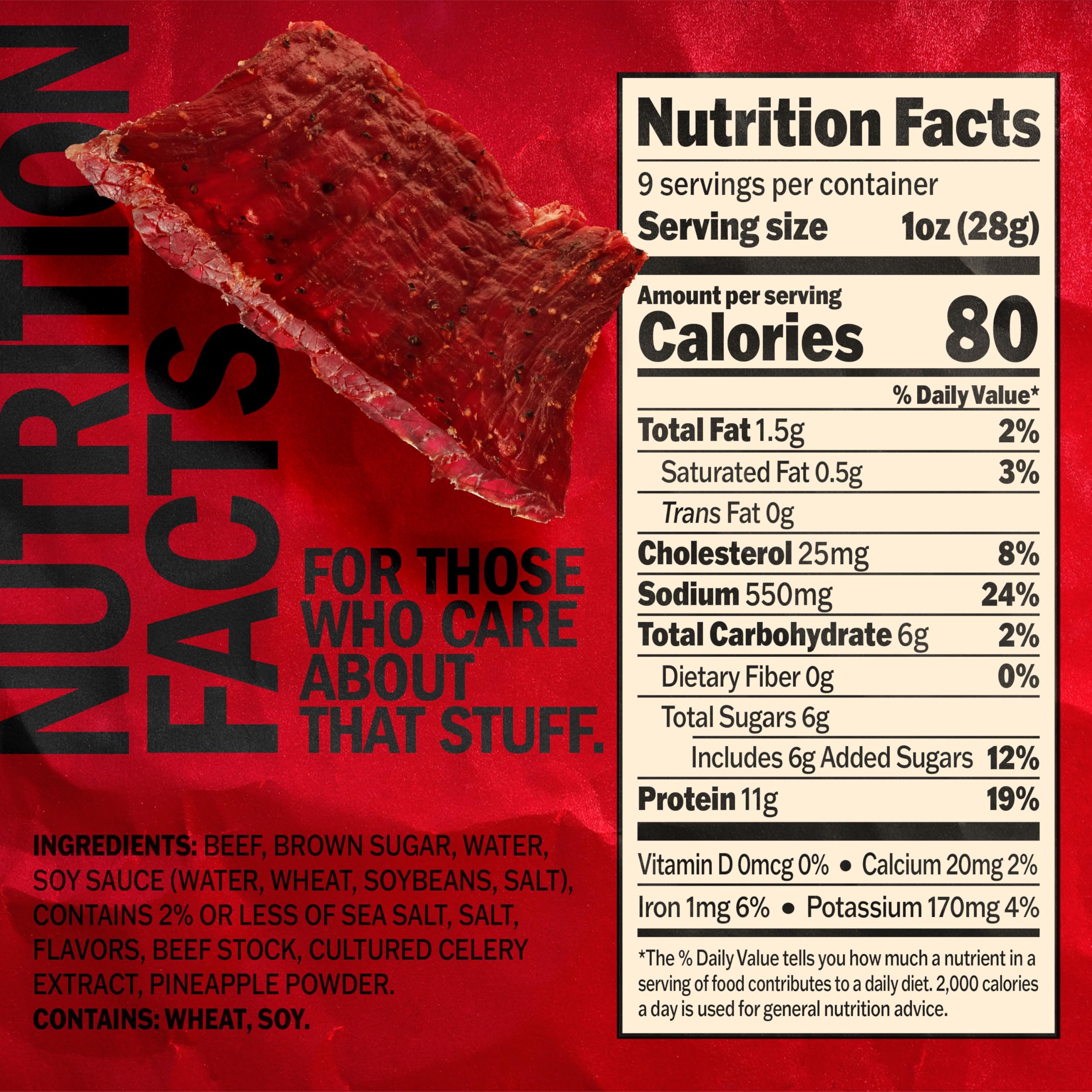 Close-up of Jack Link's Teriyaki Beef Jerky showing wood-smoked flavor.