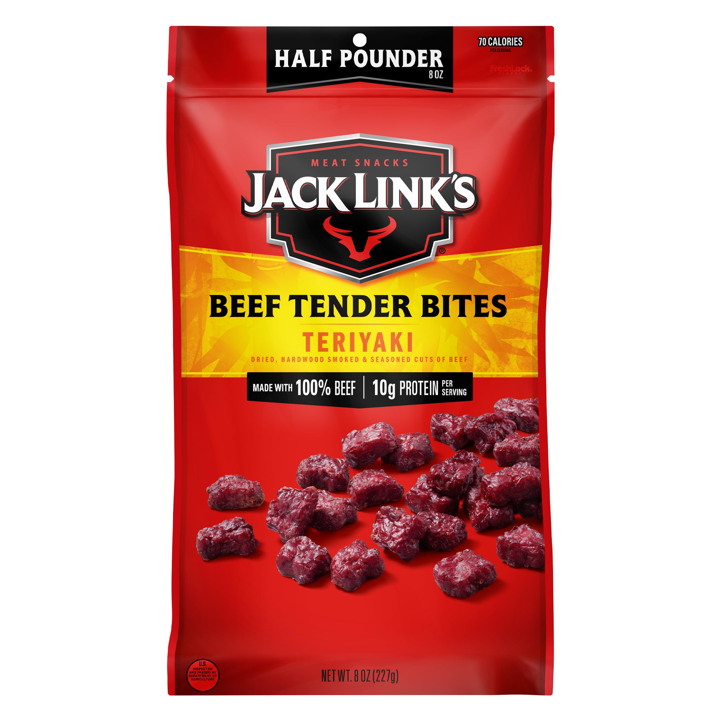 Jack Link's Beef Tender Bites Teriyaki 8oz bag for on-the-go protein.