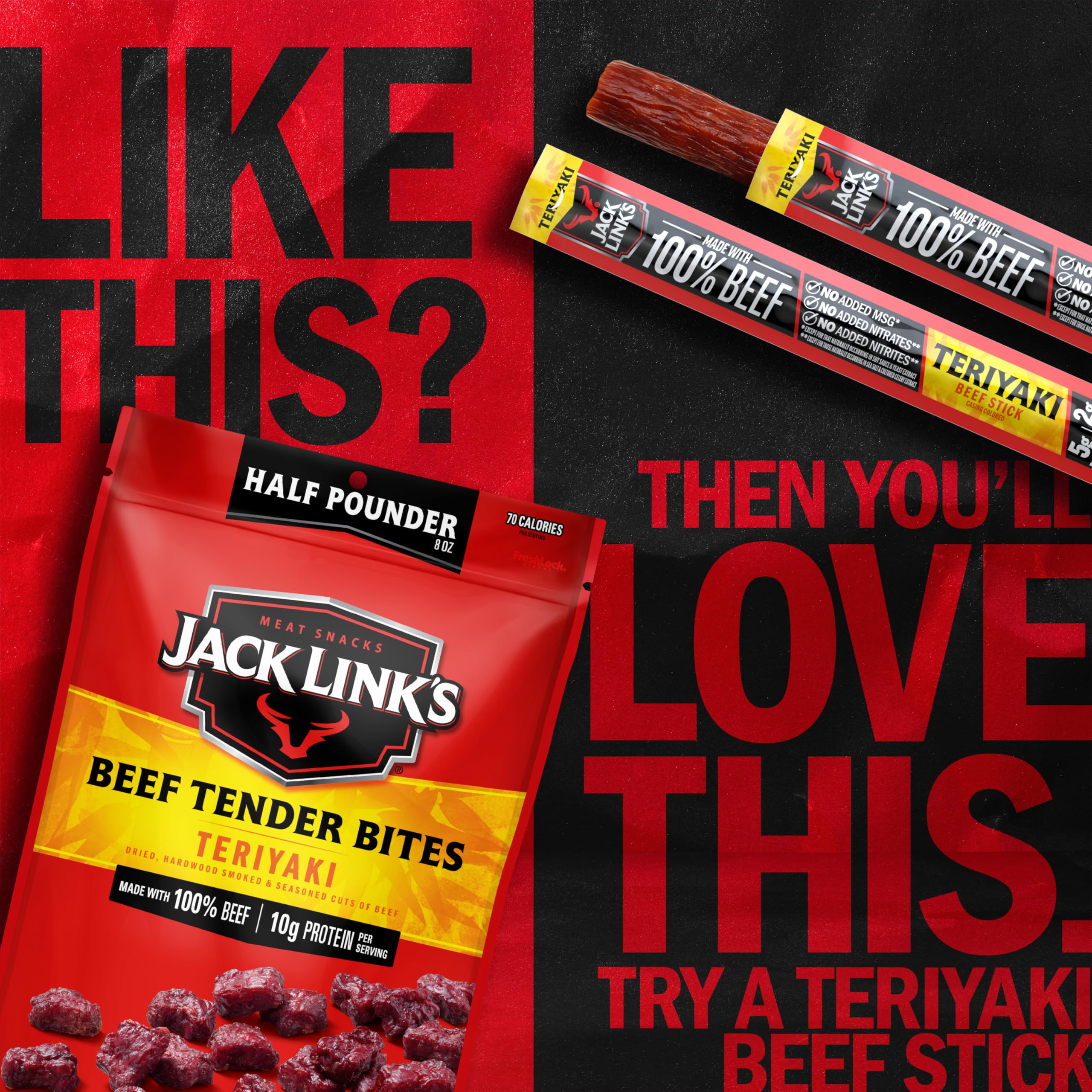 Resealable bag of Jack Link's Teriyaki Tender Bites keeps freshness.