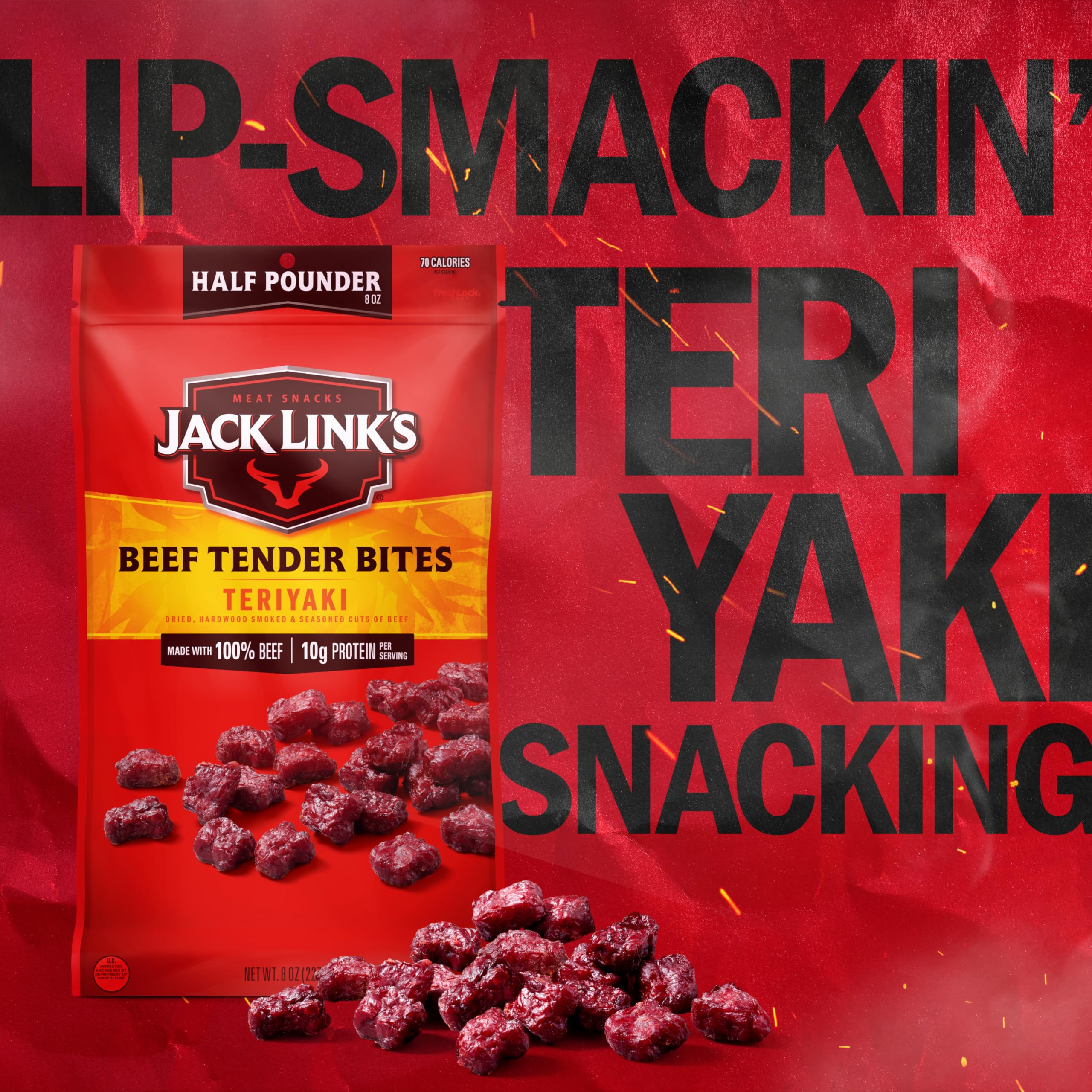 Jack Link's Teriyaki Tender Bites on table beside a snack plate.