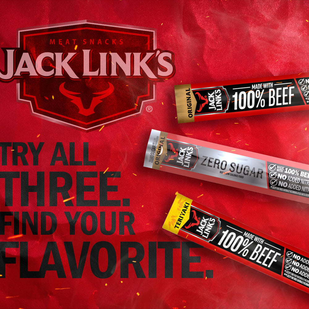 Assorted Jack Link's flavors showing Original, Teriyaki, Zero Sugar options.