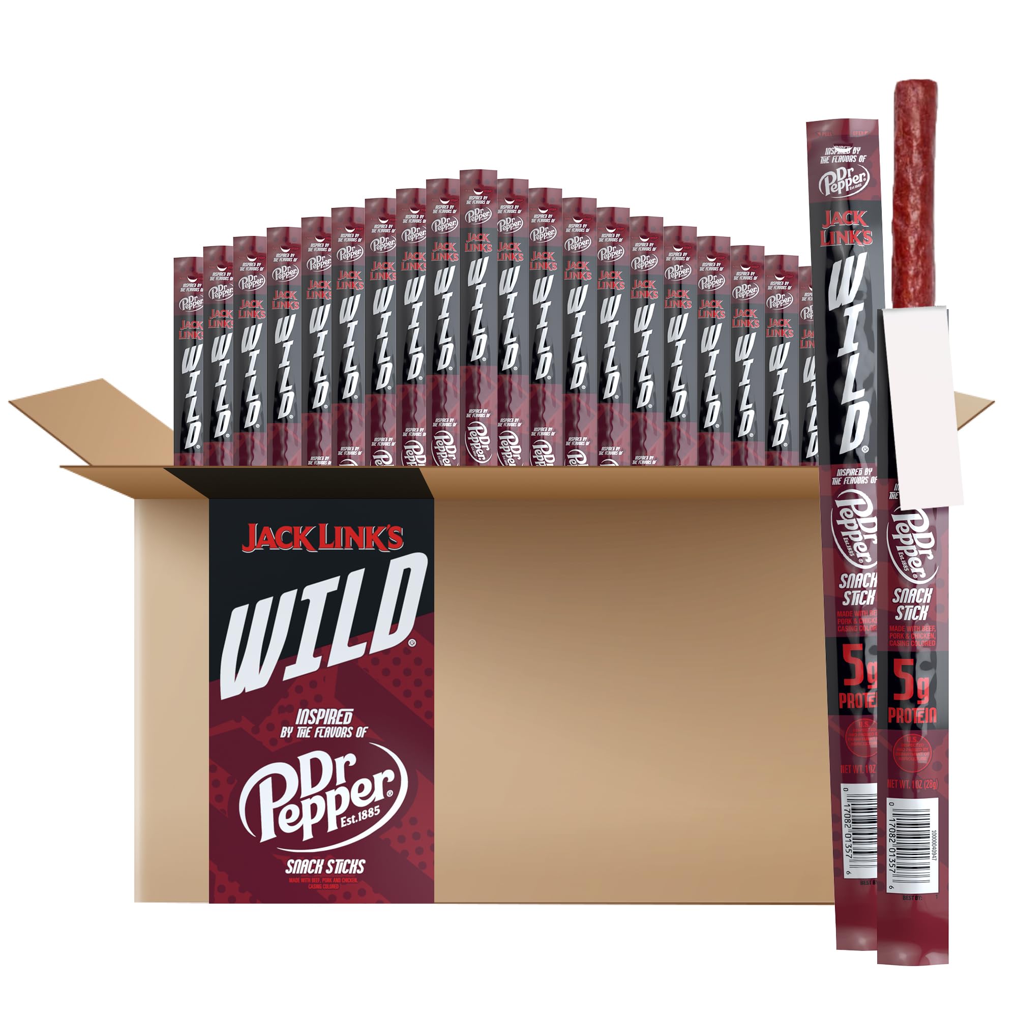 Jack Link's WILD Dr Pepper flavor stick close-up for on-the-go snacking.