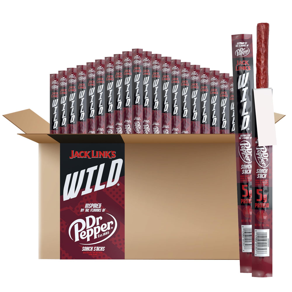 Jack Link's WILD Dr Pepper flavor stick close-up for on-the-go snacking.