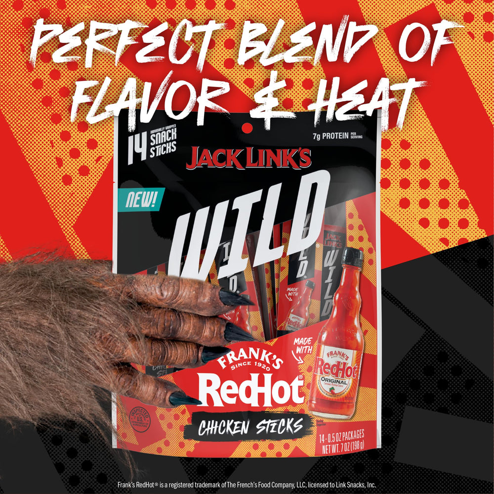 Close-up of Frank's RedHot infused mini chicken sticks with spicy, savory notes.
