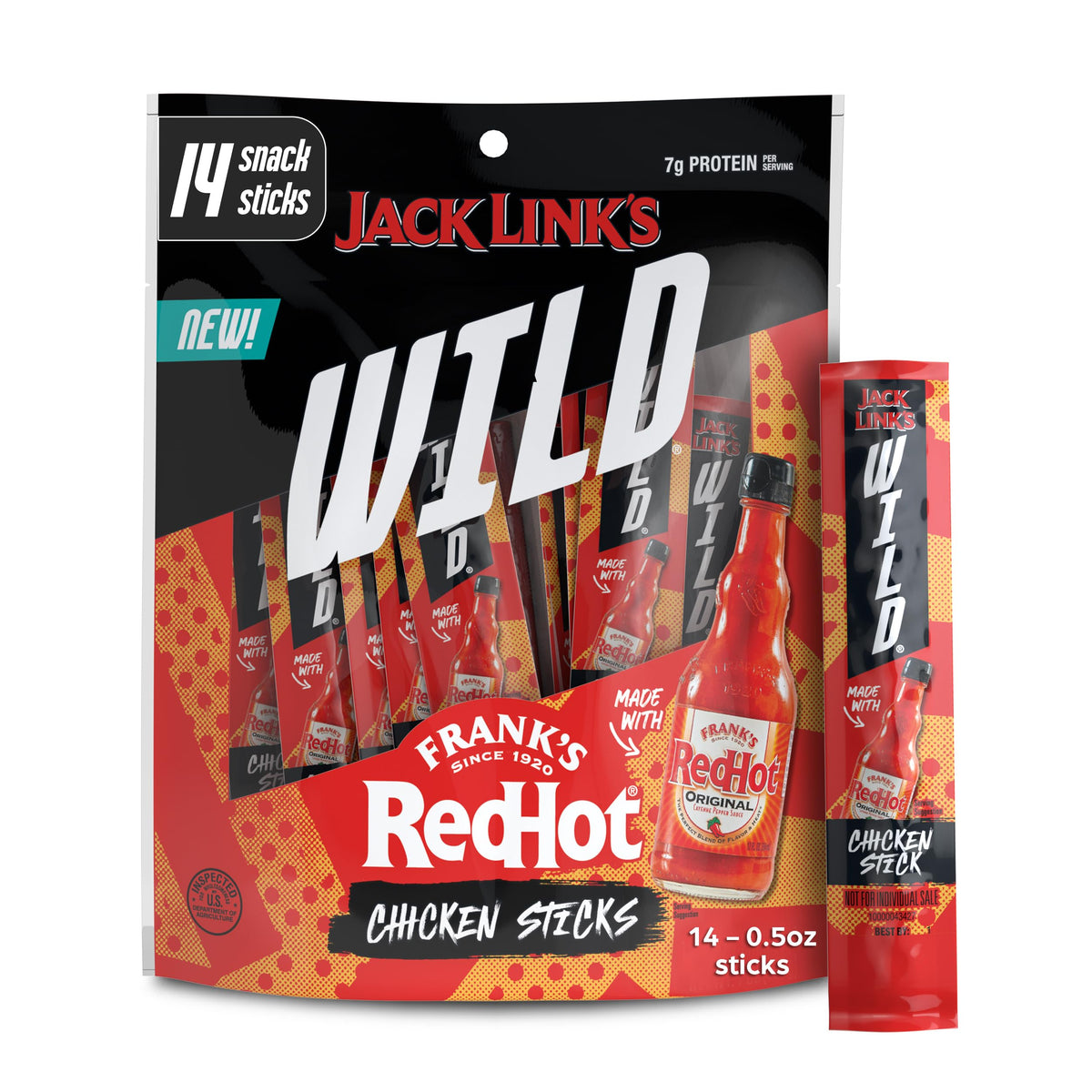 Jack Link's Wild Mini Chicken Sticks packaging with Frank's RedHot flavor for on-the-go snacking.