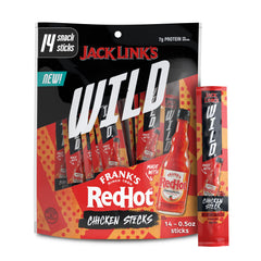 Jack Link's Wild Mini Chicken Sticks packaging with Frank's RedHot flavor for on-the-go snacking.