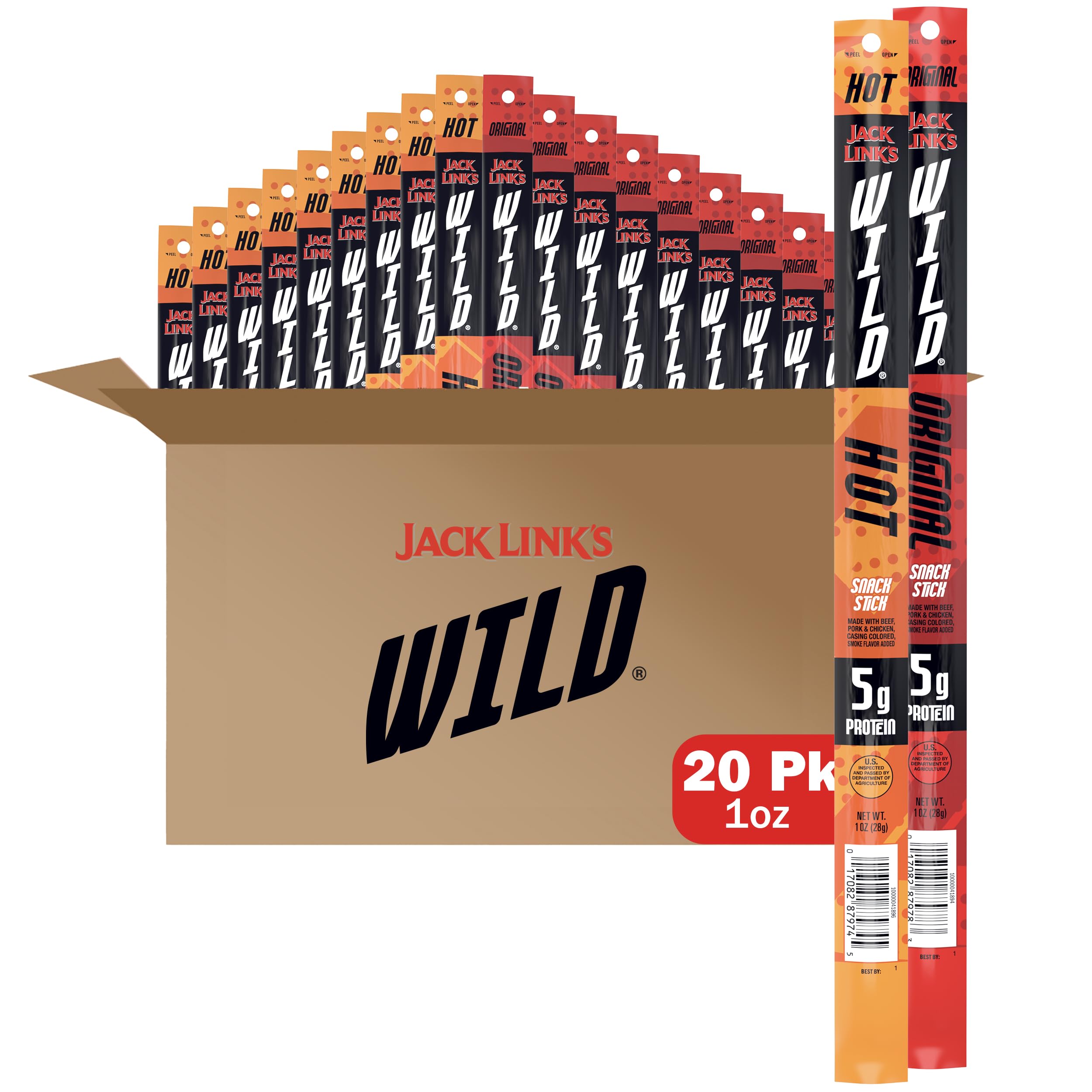 Jack Link's WILD Original and Hot sticks variety pack front view, bold flavor for on-the-go snacking.