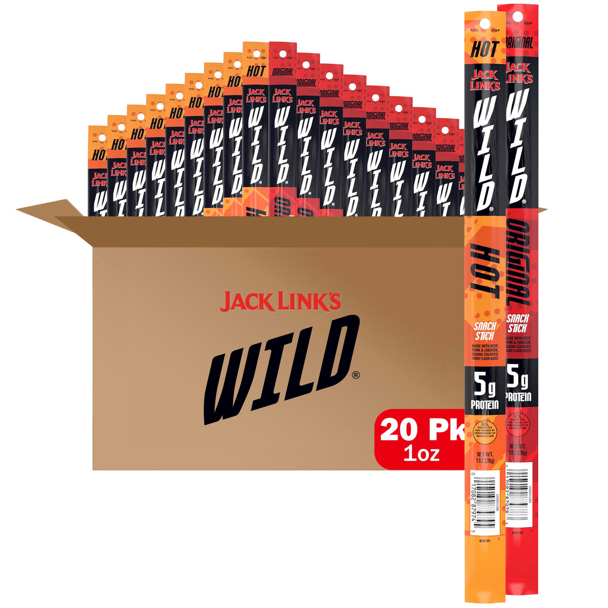 Jack Link's WILD Original and Hot sticks variety pack front view, bold flavor for on-the-go snacking.