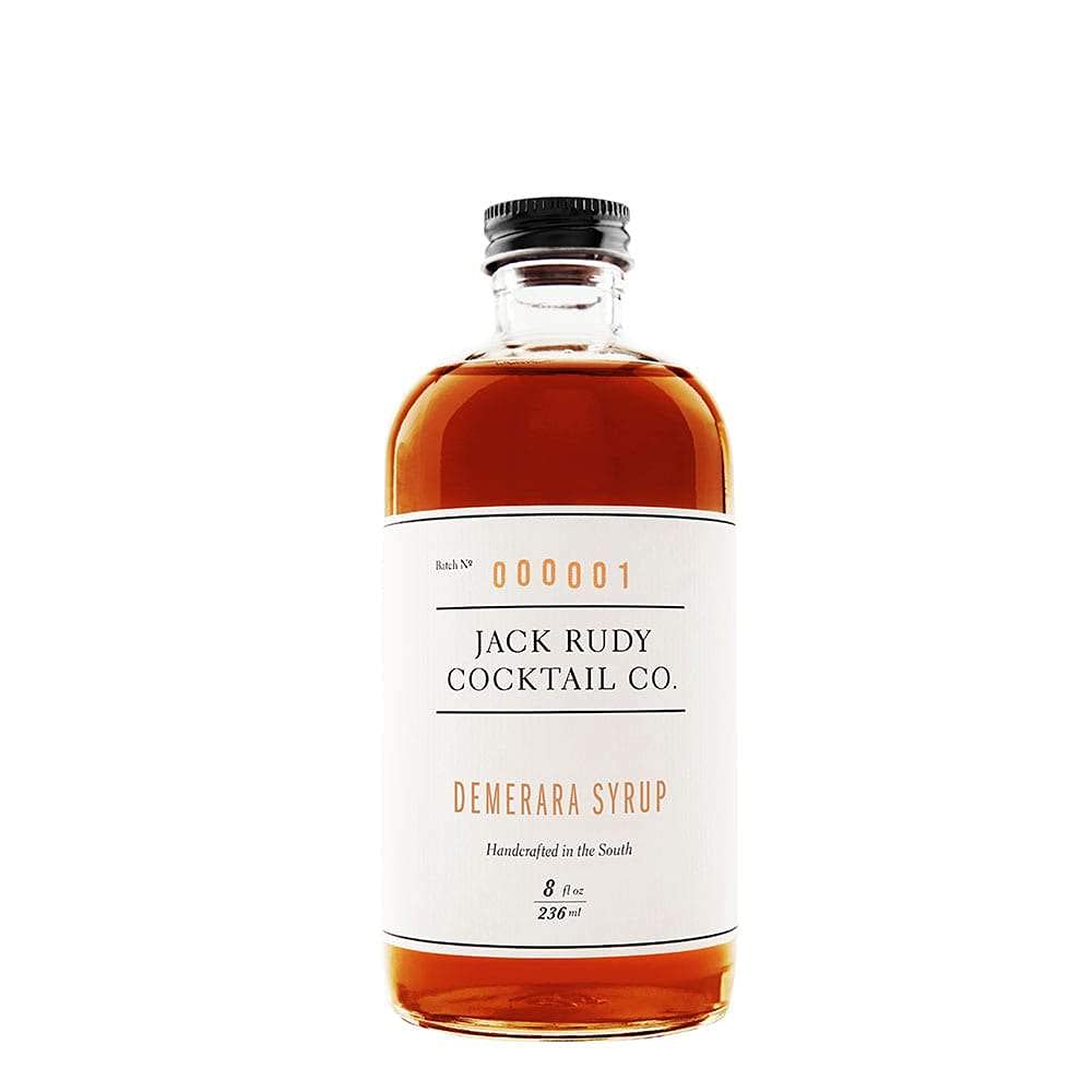 Jack Rudy Demerara syrup amber bottle enhances cocktails with warm toffee and caramel notes.