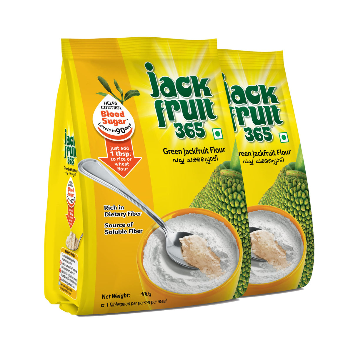 Jackfruit365 Green Jackfruit Flour Atta packaging highlights a high-fiber base for healthier meals.