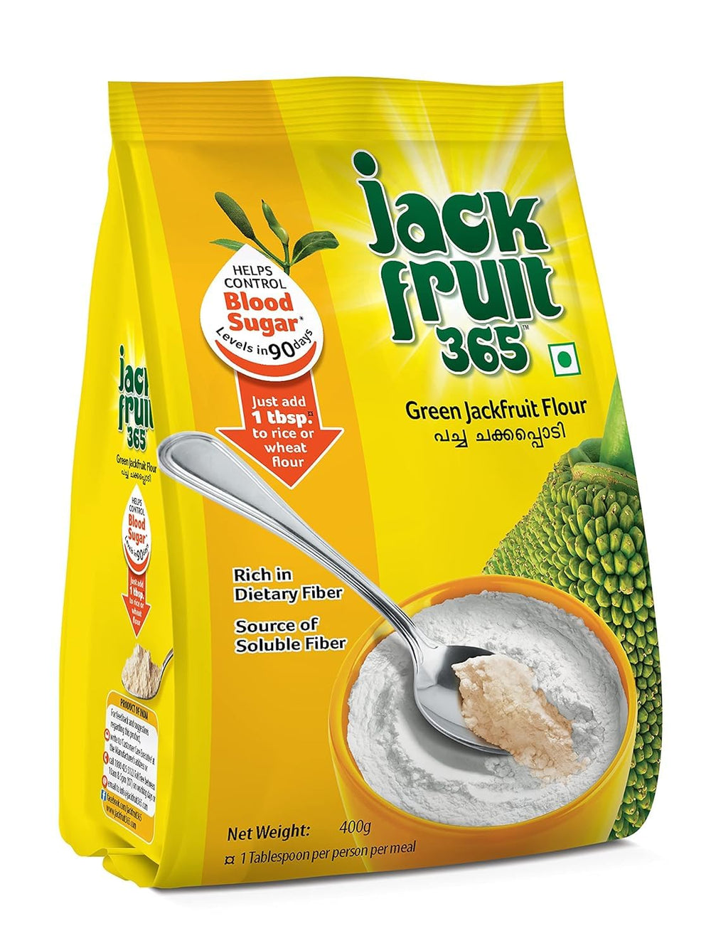 Jackfruit365 Green Jackfruit Flour 400g packaging for pantry storage.