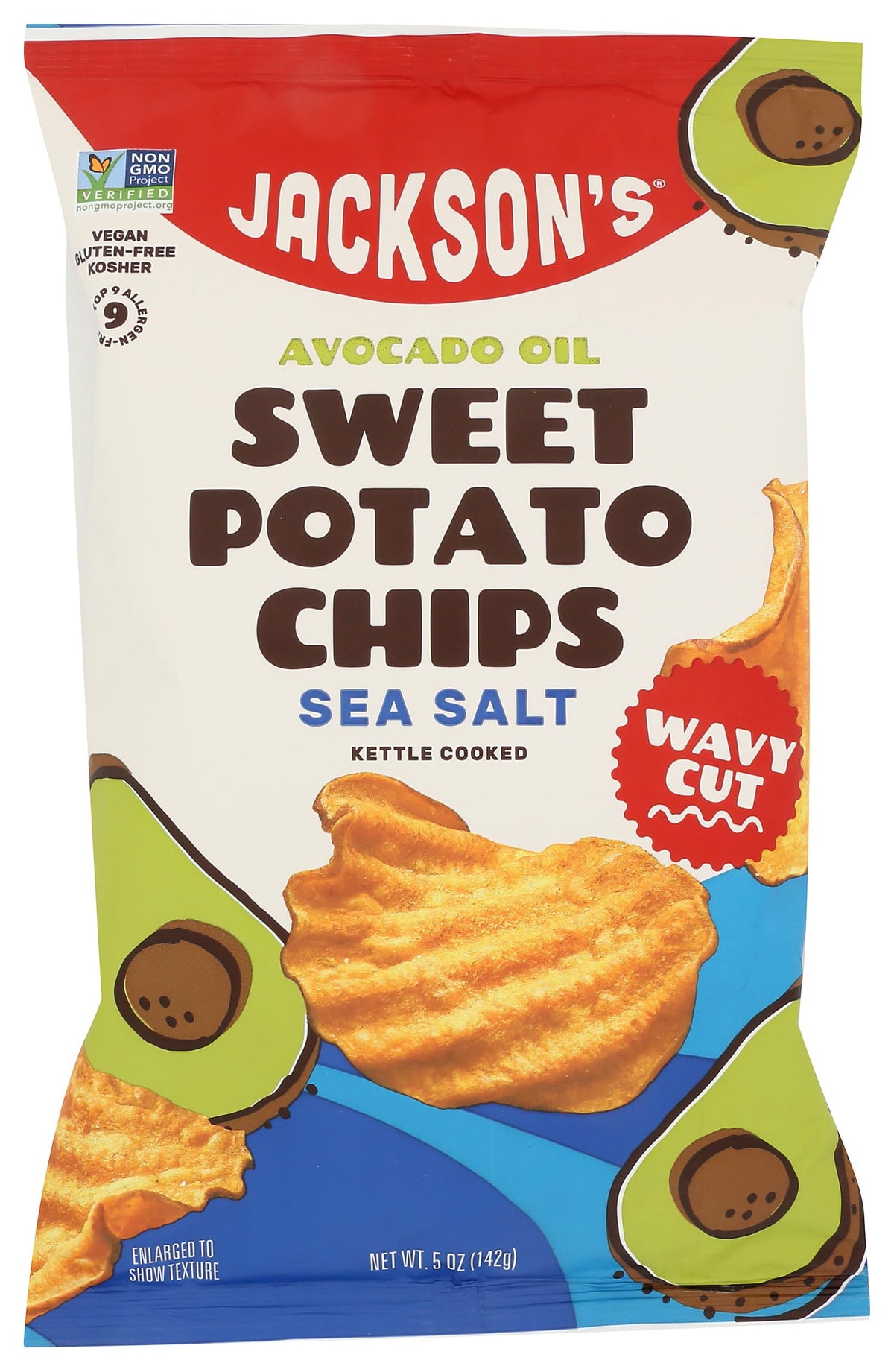 Jackson's Honest Sea Salt Avocado Oil Chips packaging, premium snack for on-the-go munching.