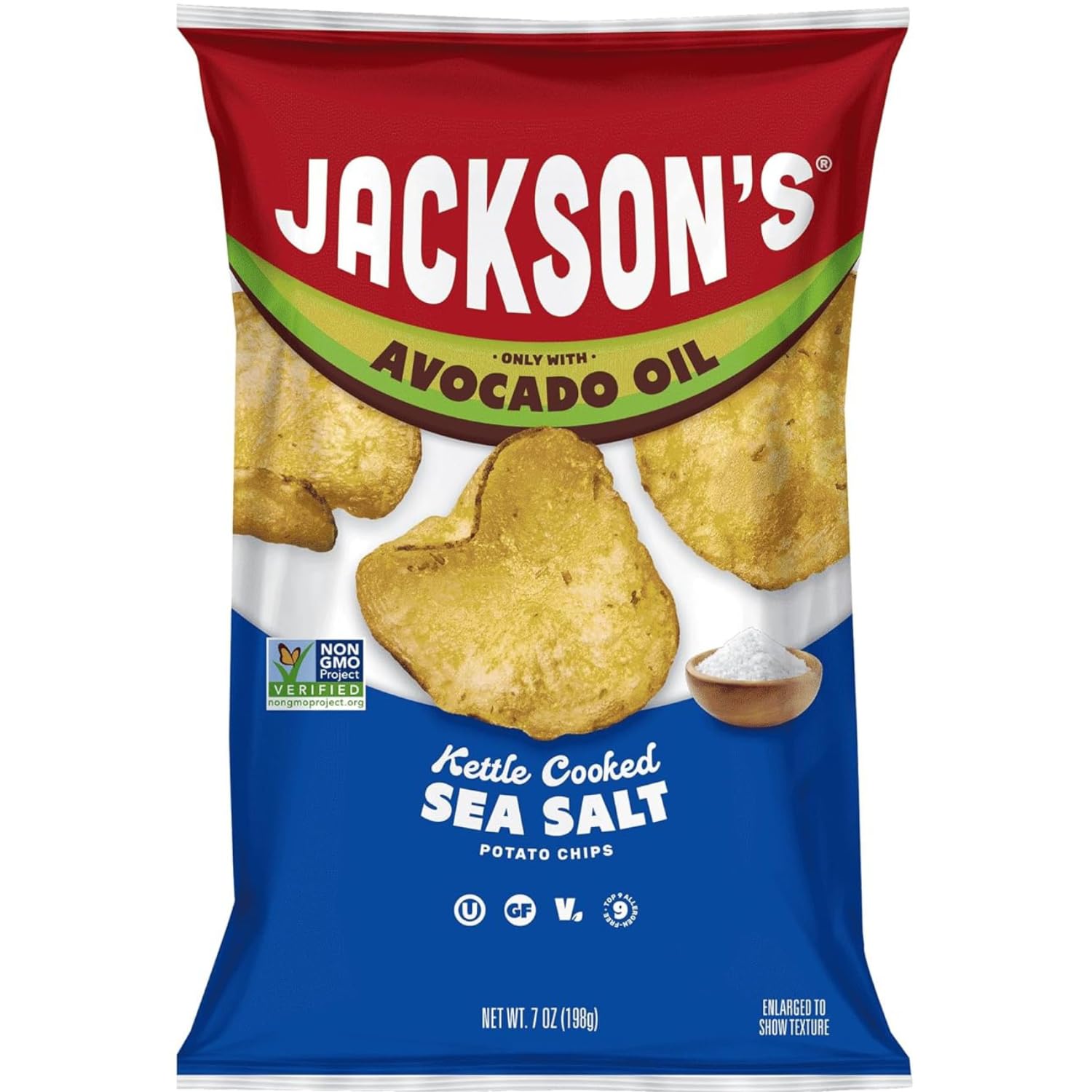 Jackson's Potato Classic kettle chips sea salt bag showcasing golden crunch for snacking.