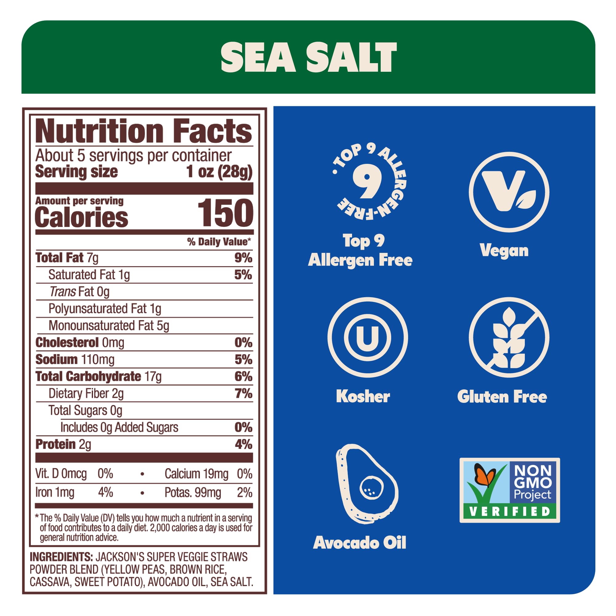 Jackson's Veggie Straws cooked in avocado oil for rich flavor and clean ingredients