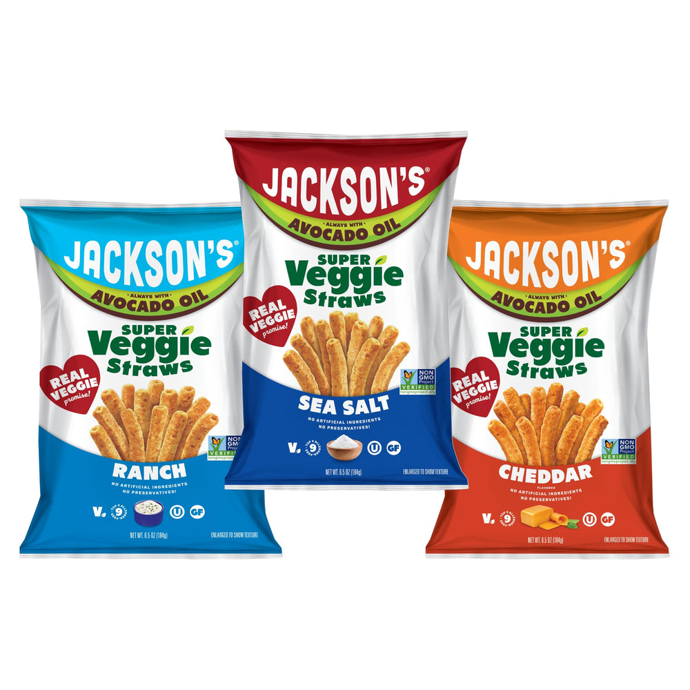 Jackson’s Super Veggie Straws cheddar bag with bold flavor, ideal for lunch boxes and snacking.