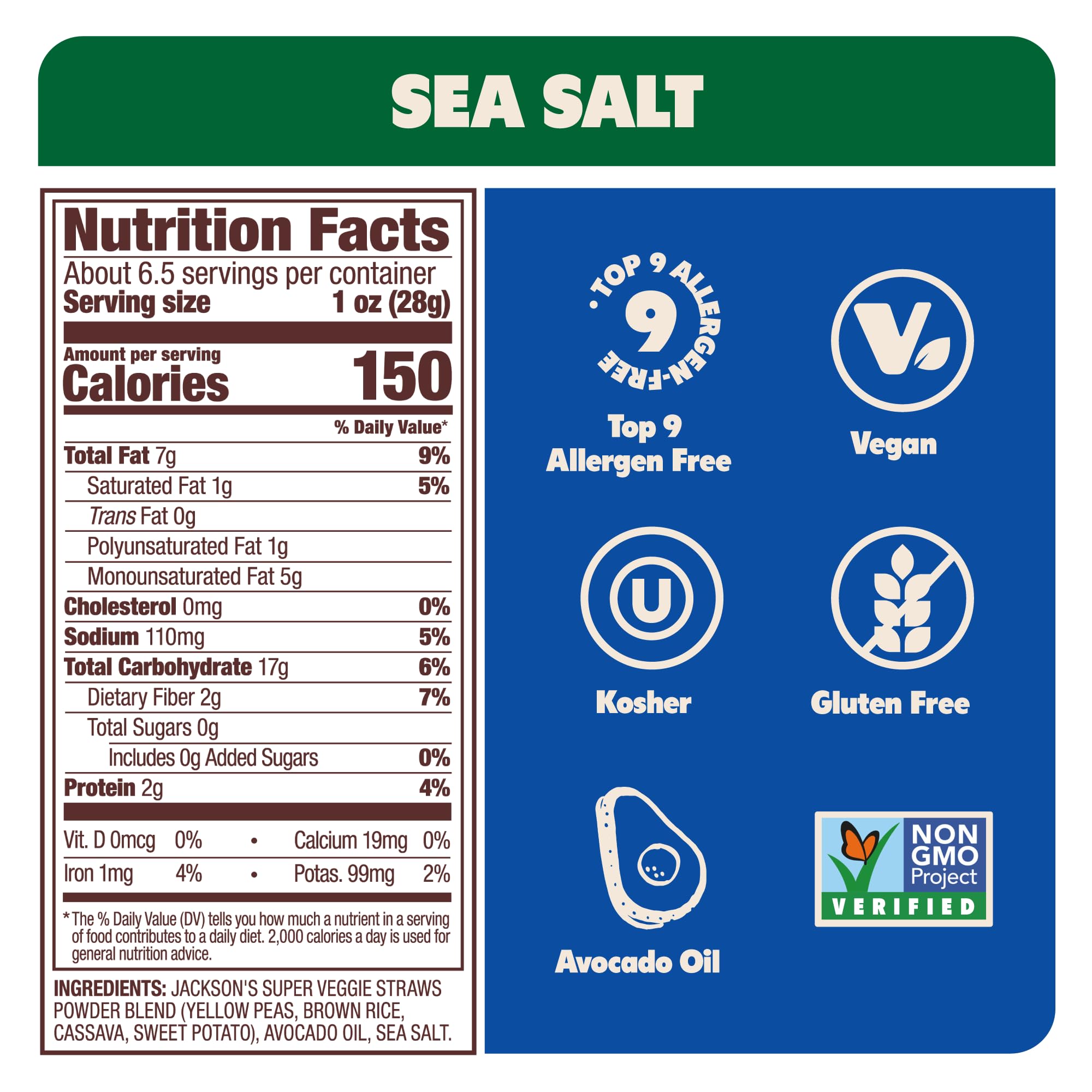 Jackson's veggie straws sea salt closeup shows premium avocado oil for flavor-packed snacking.