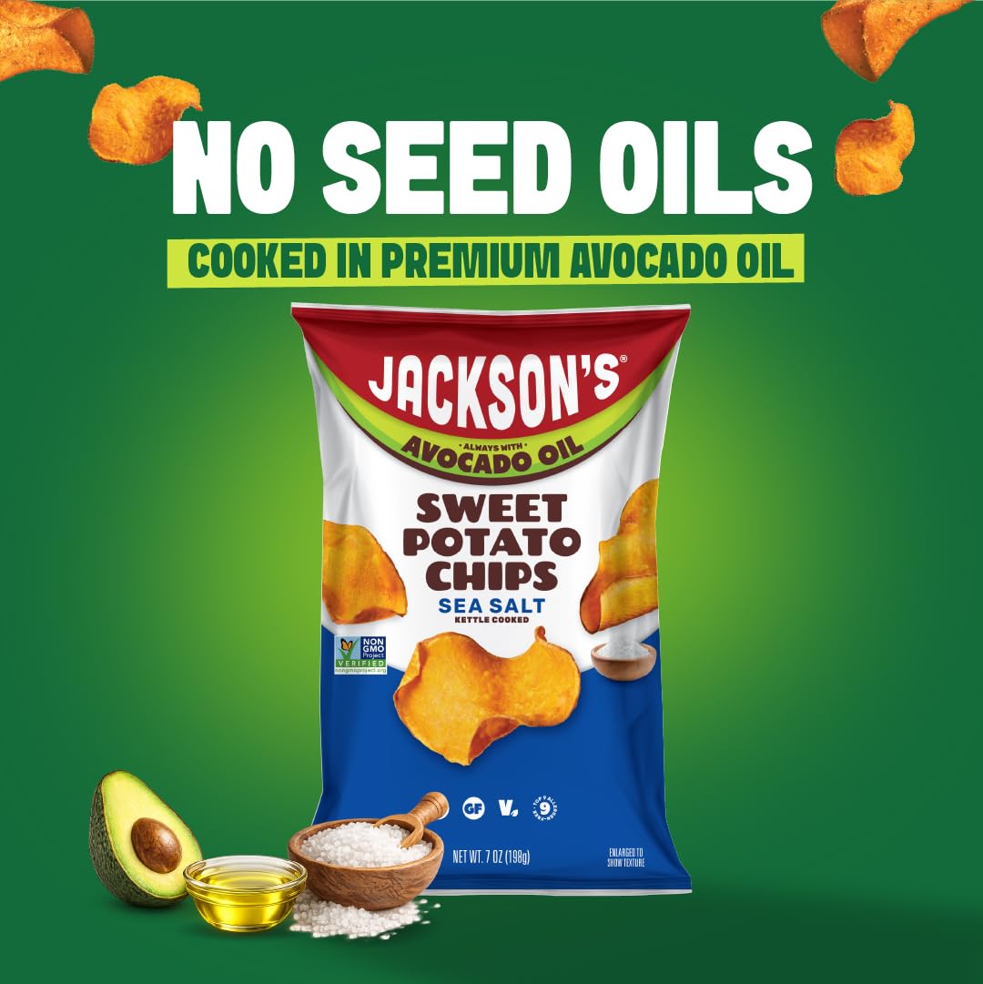 Jackson’s avocado-oil sweet potato chips BBQ flavor, bold bite perfect for gatherings.