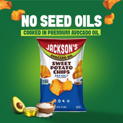 Jackson’s avocado-oil sweet potato chips BBQ flavor, bold bite perfect for gatherings.