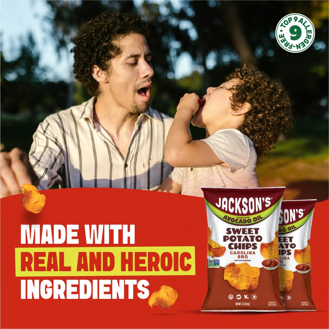 Jackson’s sweet potato chips avocado oil on-the-go snack, ideal for lunchboxes.