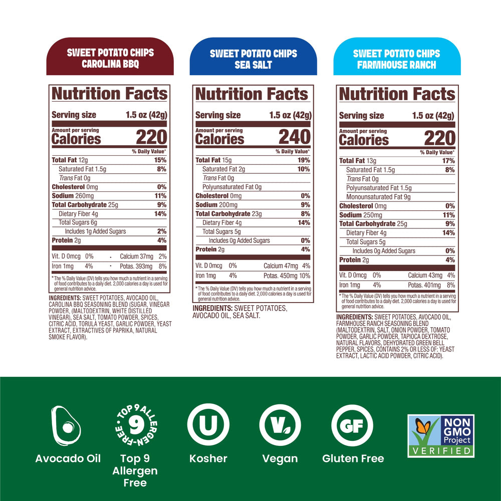 Jackson’s avocado-oil sweet potato chips ranch flavor, tangy crunch for on-the-go snacking.