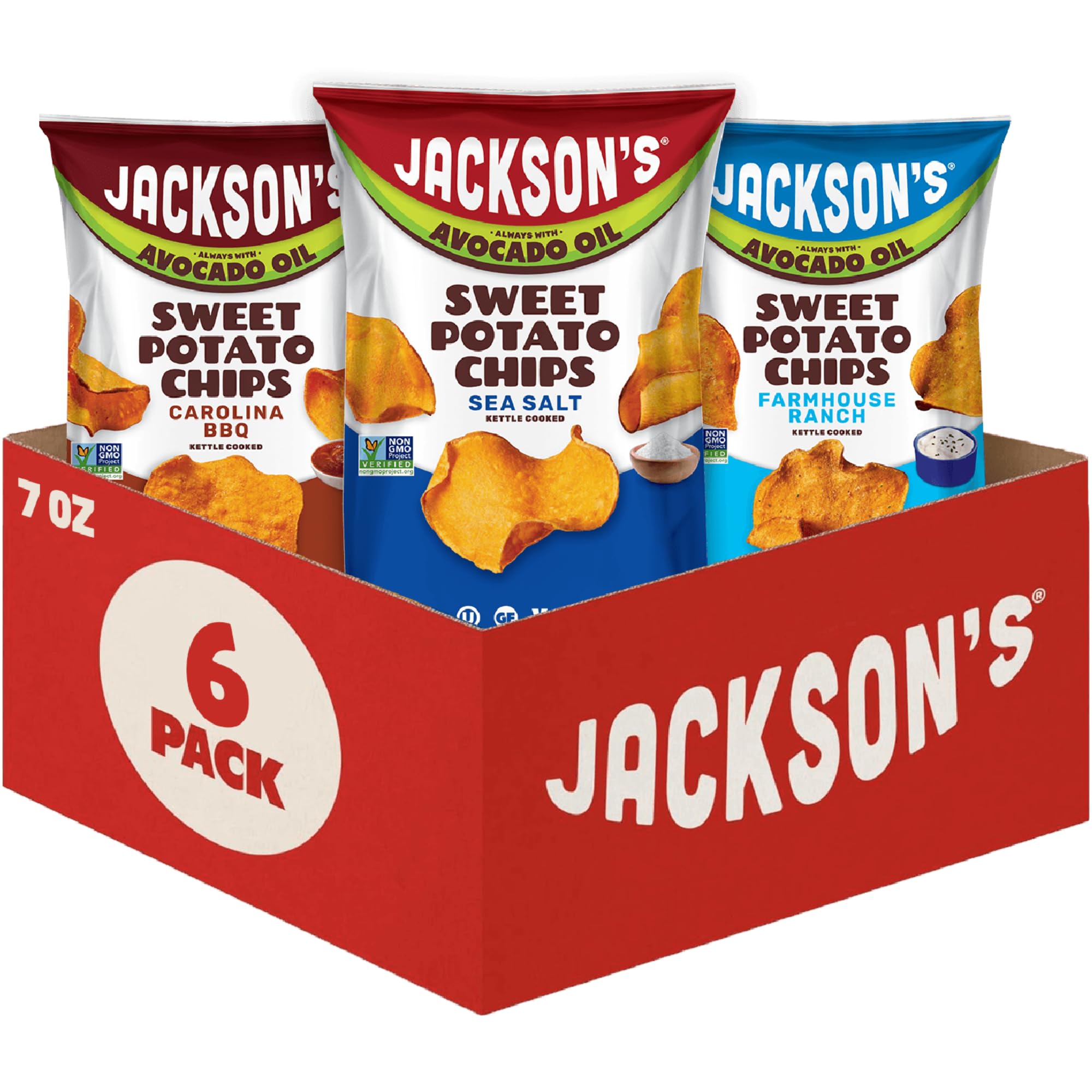 Jackson’s avocado-oil sweet potato chips sea salt flavor, crispy snack ready for lunch.