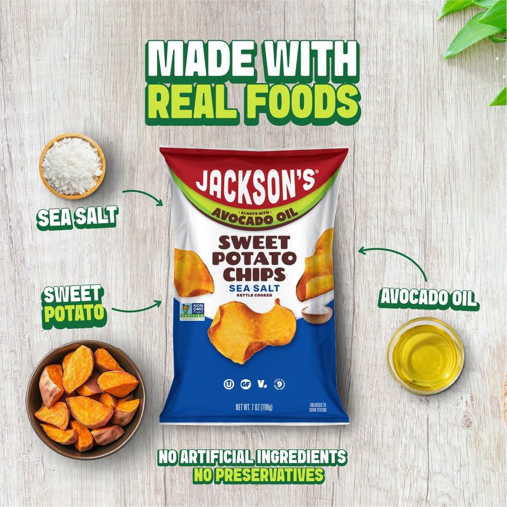 Jackson’s sweet potato chips highlight non-GMO ingredients and a light fry.