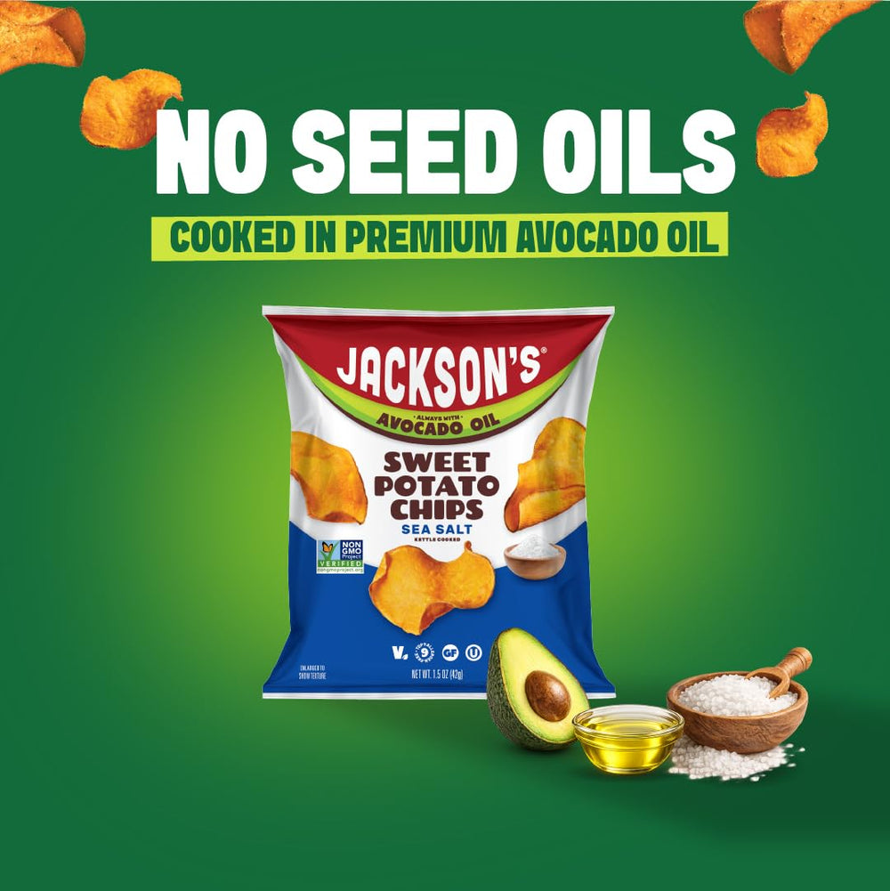 Jackson’s chips ingredients highlight organic sweet potatoes cooked in premium avocado oil.