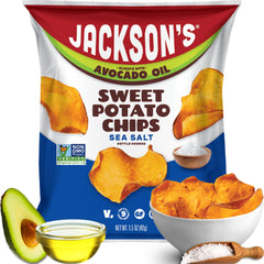 Jackson’s Sweet Potato Kettle Chips with sea salt shown in avocado oil for a crispy savory snack.