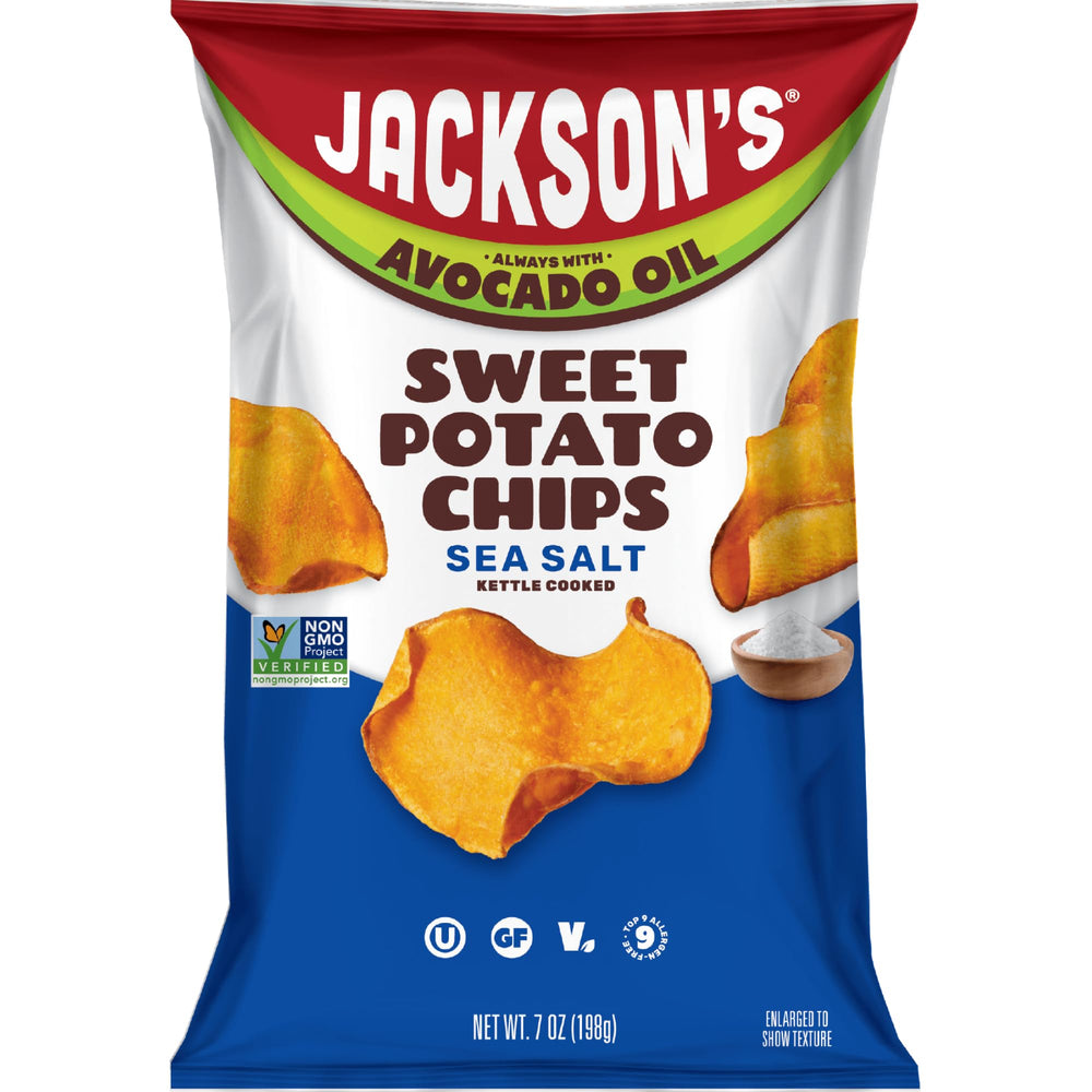 Jackson’s Sweet Potato Kettle Chips with sea salt cooked in avocado oil, six-pack, ready to share.