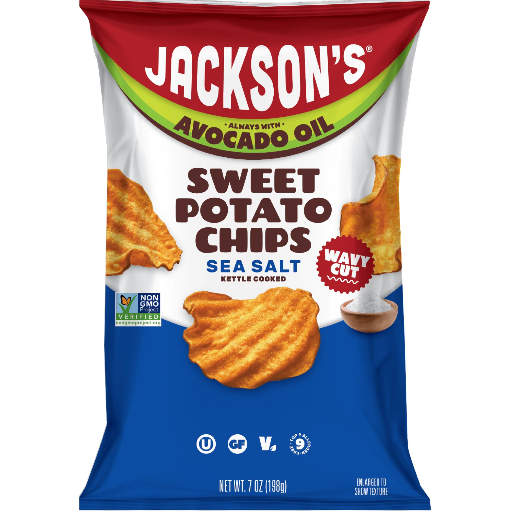 Jackson's Wavy Sea Salt Sweet Potato Chips pack for on-the-go snacking with sea salt flavor.