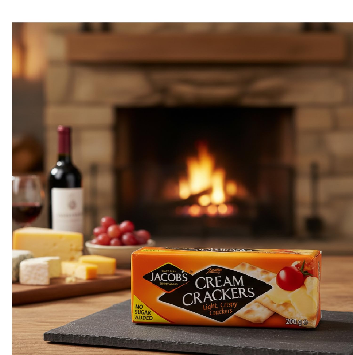 Butter and fruit slices served with Jacob's Cream Crackers on a board