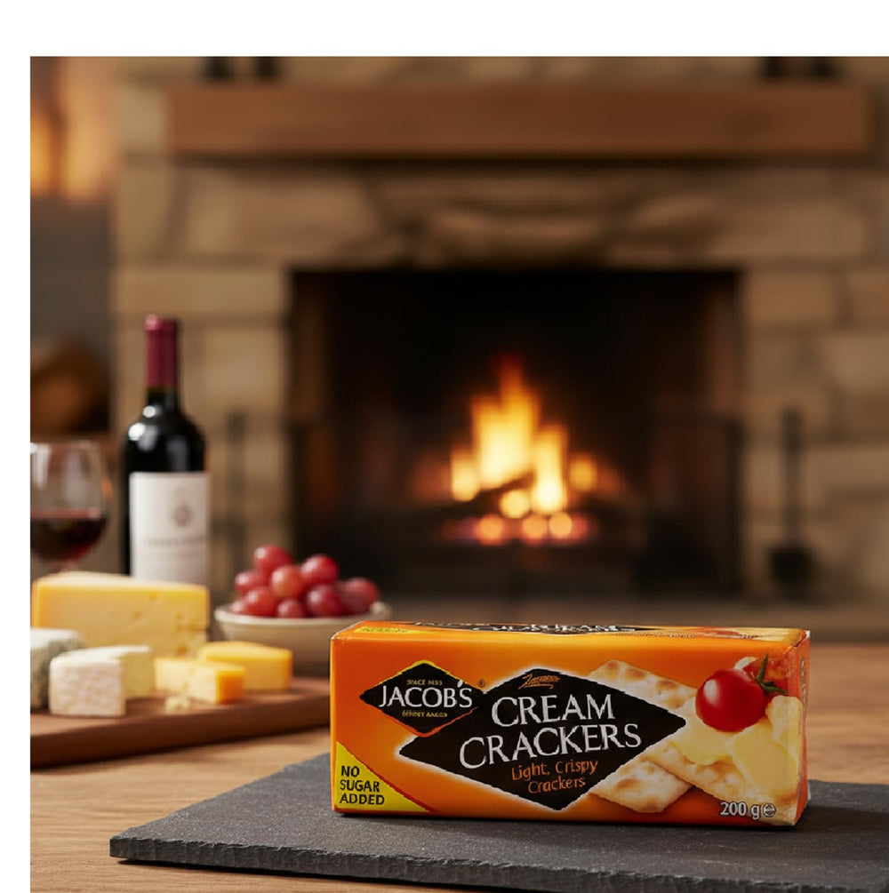 Butter and fruit slices served with Jacob's Cream Crackers on a board