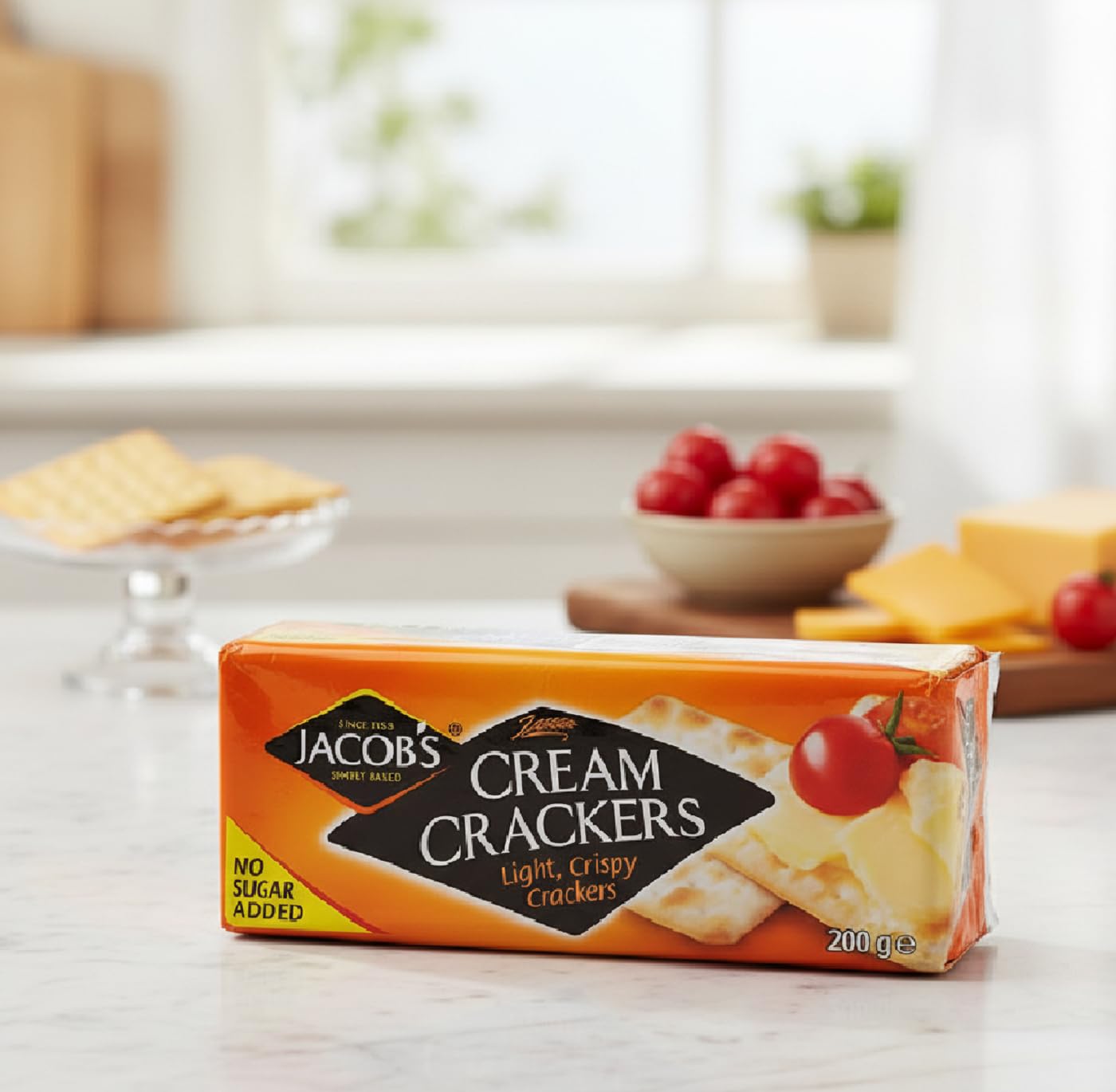 UK-origin Jacob's Cream Crackers displayed in a rustic kitchen