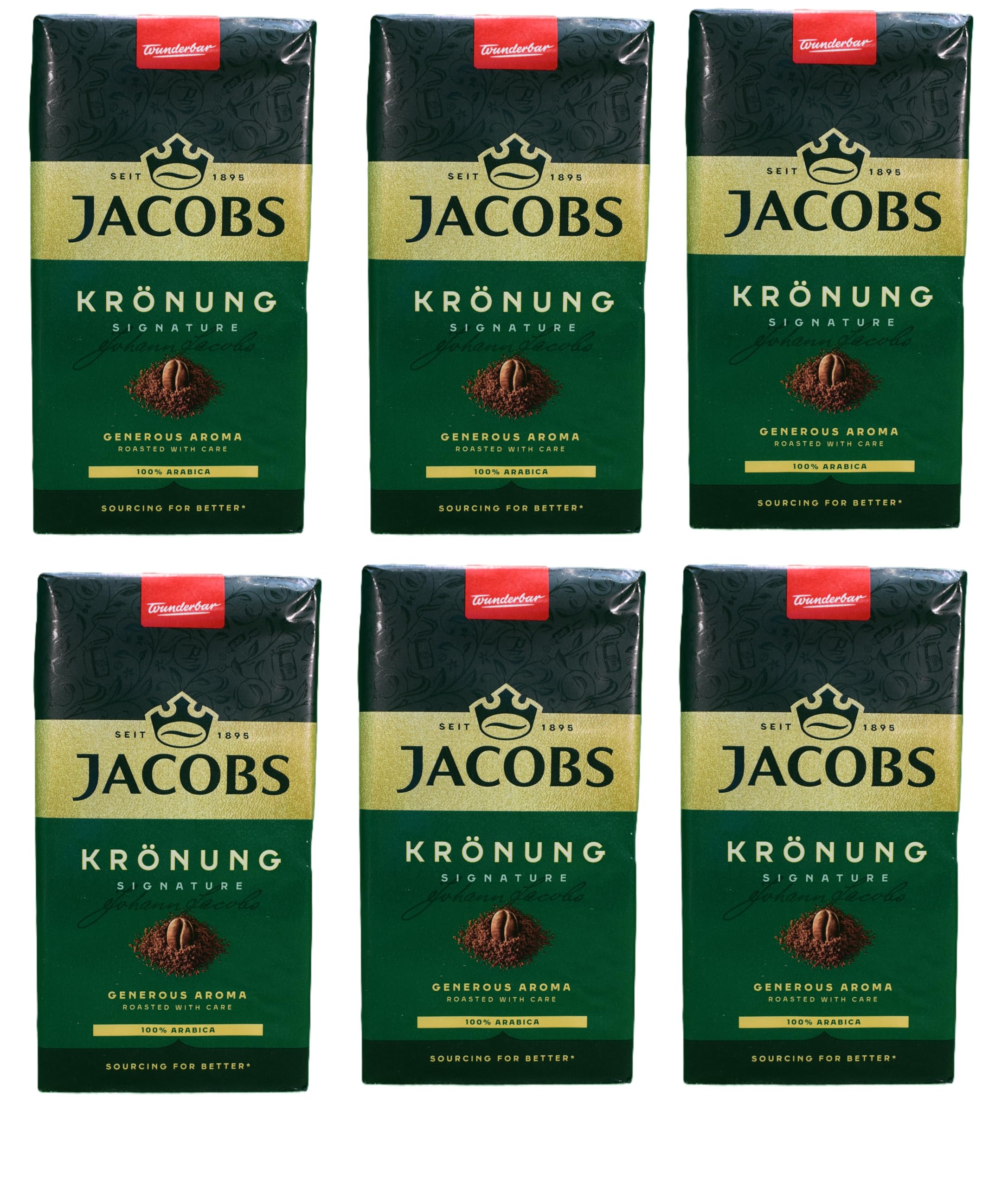 Jacobs Kronung ground coffee six-pack 500 g for rich mornings.