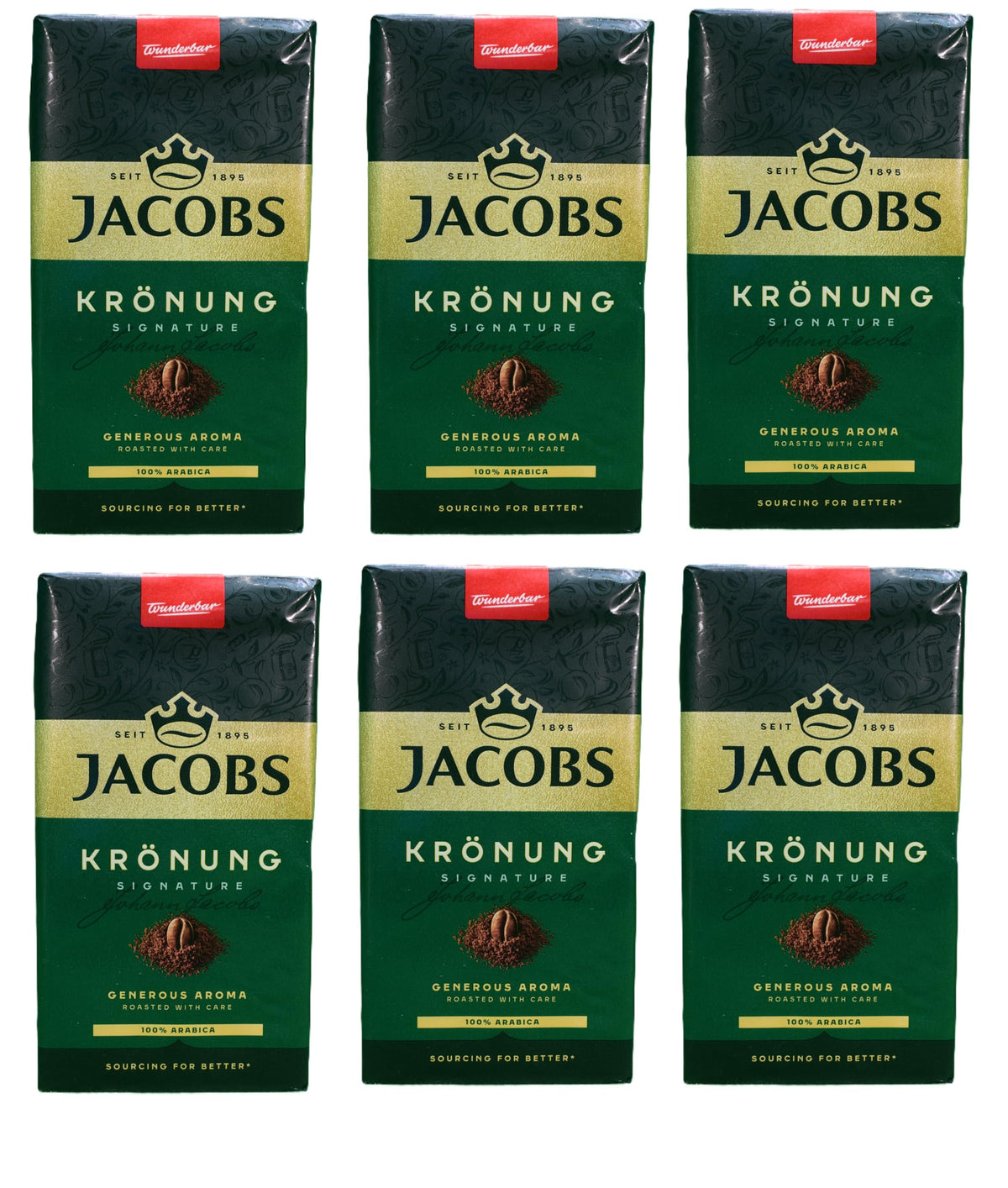 Jacobs Kronung ground coffee six-pack 500 g for rich mornings.