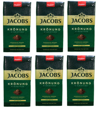 Jacobs Kronung ground coffee six-pack 500 g for rich mornings.