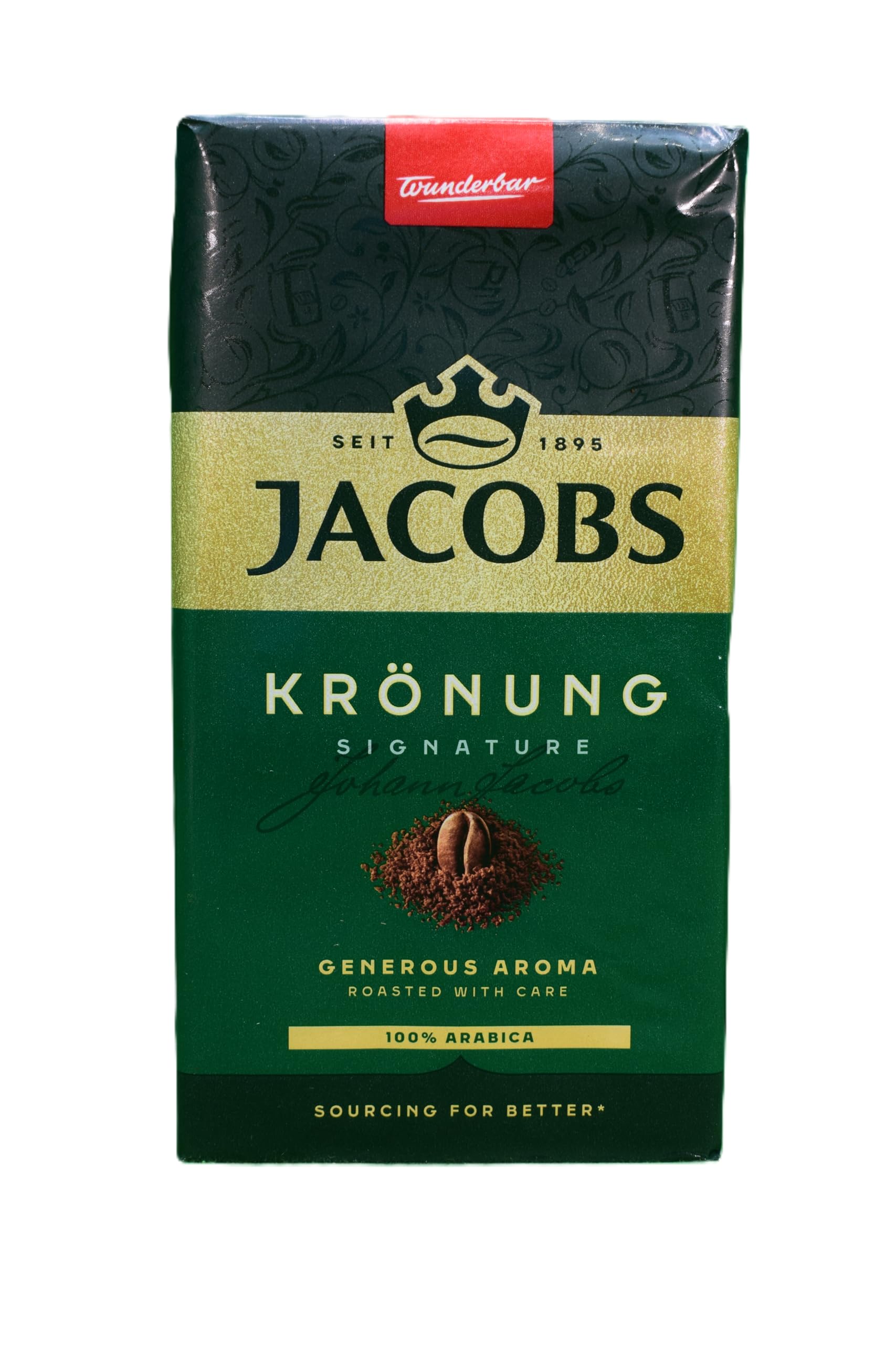 Jacobs Kronung ground coffee being poured into a cup for a smooth brew.