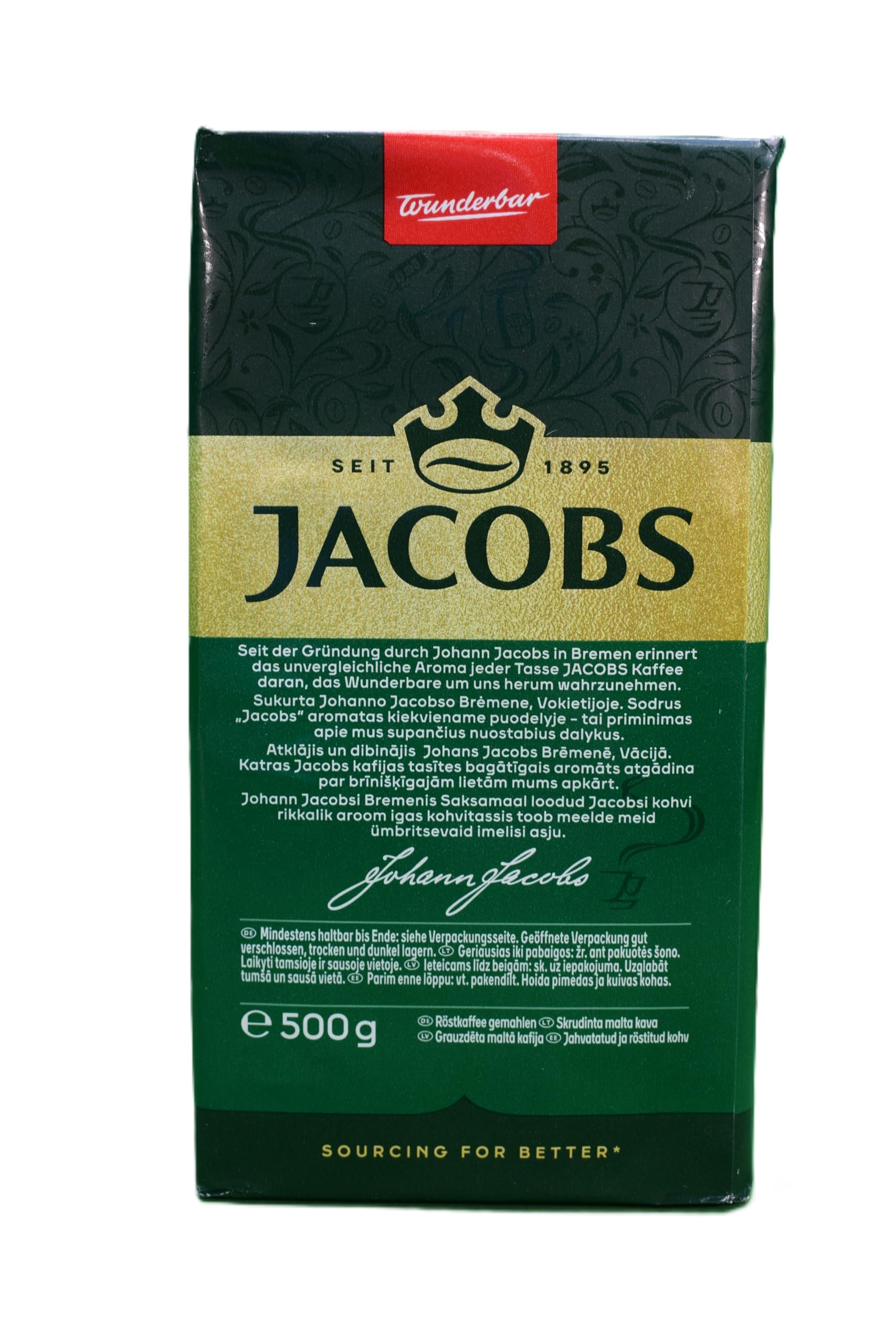 Jacobs Kronung hand-selected beans highlight quality and consistent aroma.