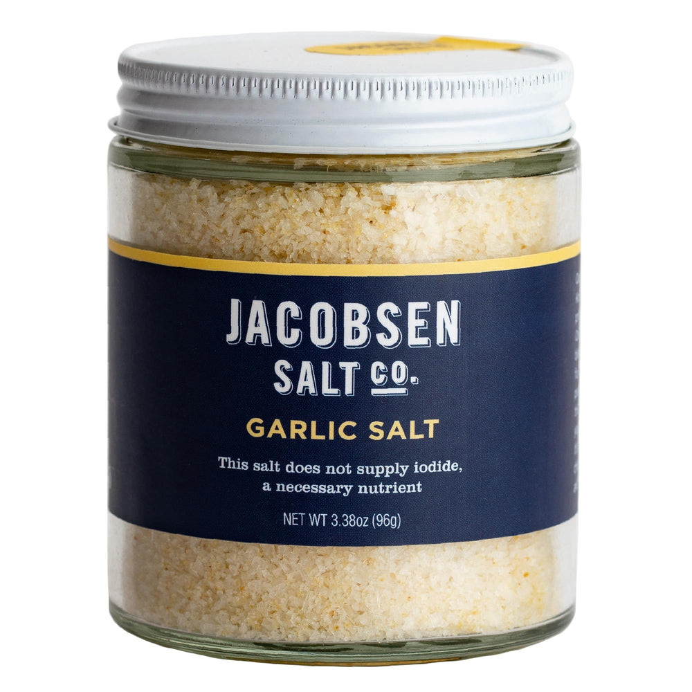 Jacobsen Garlic Salt jar close-up shows garlicky seasoning for roasting.