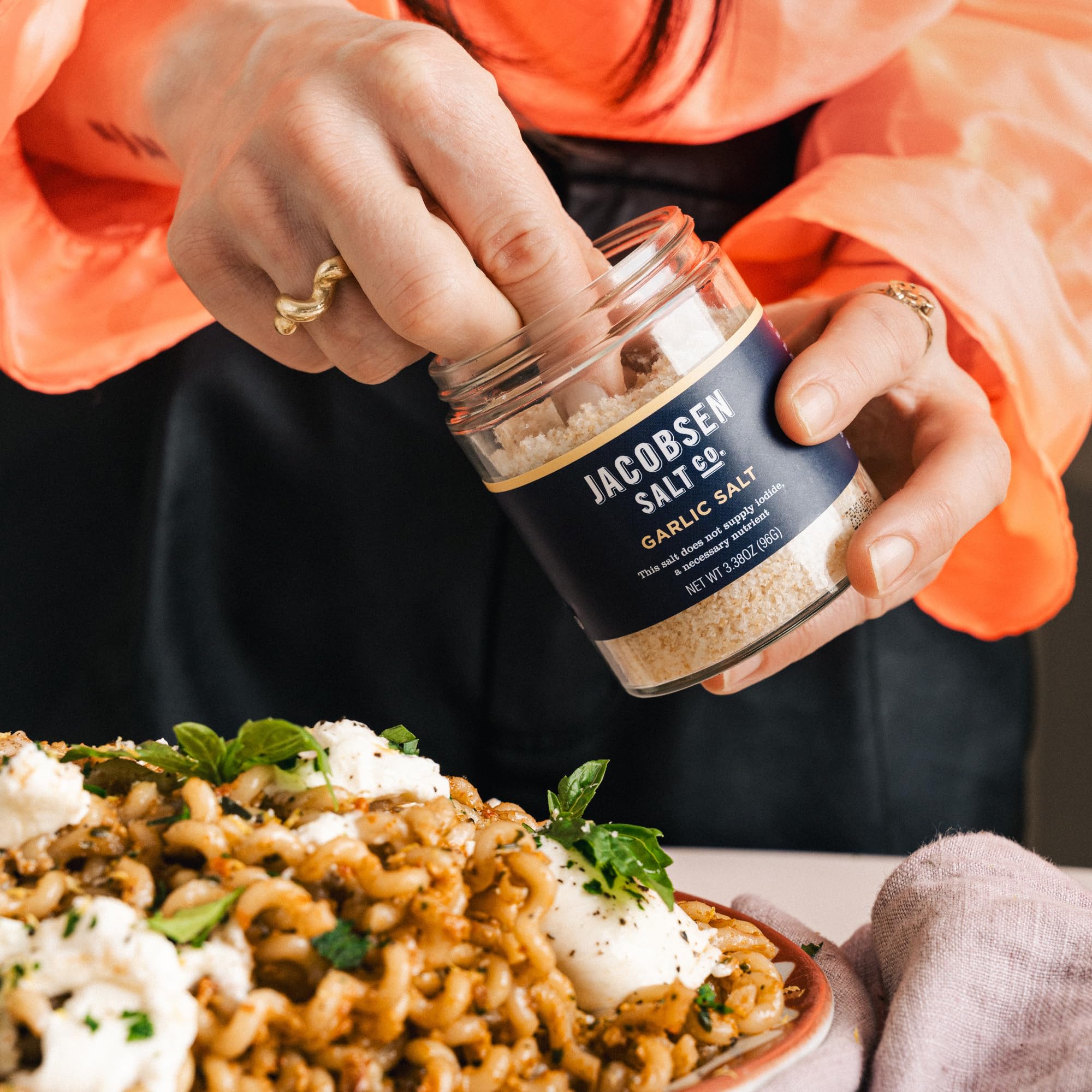 Jacobsen Garlic Salt kitchen scene highlighting essential seasoning in action.