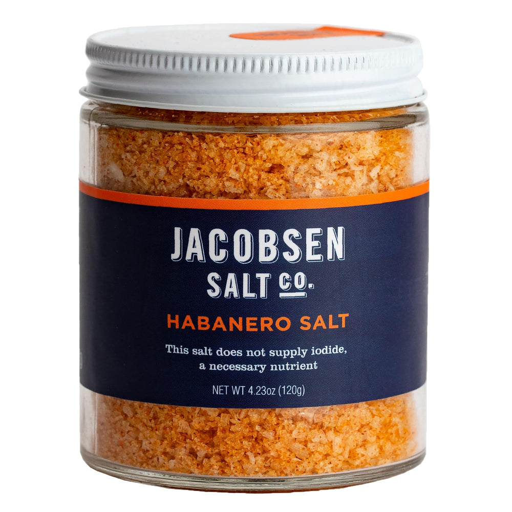 Jacobsen Salt Co. Habanero Salt bottle closeup showing smoky heat for bold cooking.