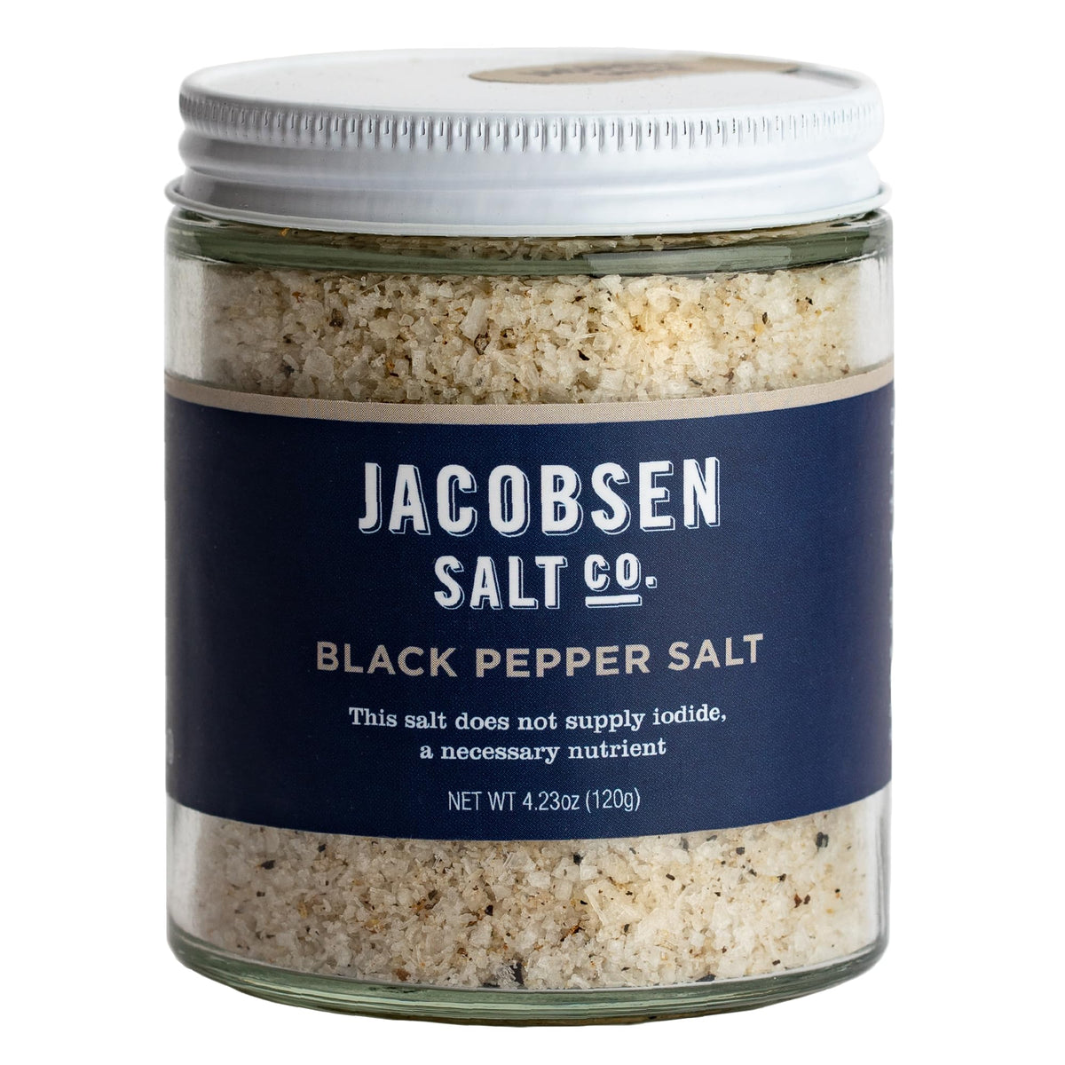 Jacobsen Salt Co. Black Pepper Salt bottle shows pepper-infused crystals for elevated steaks.
