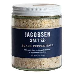 Jacobsen Salt Co. Black Pepper Salt bottle shows pepper-infused crystals for elevated steaks.